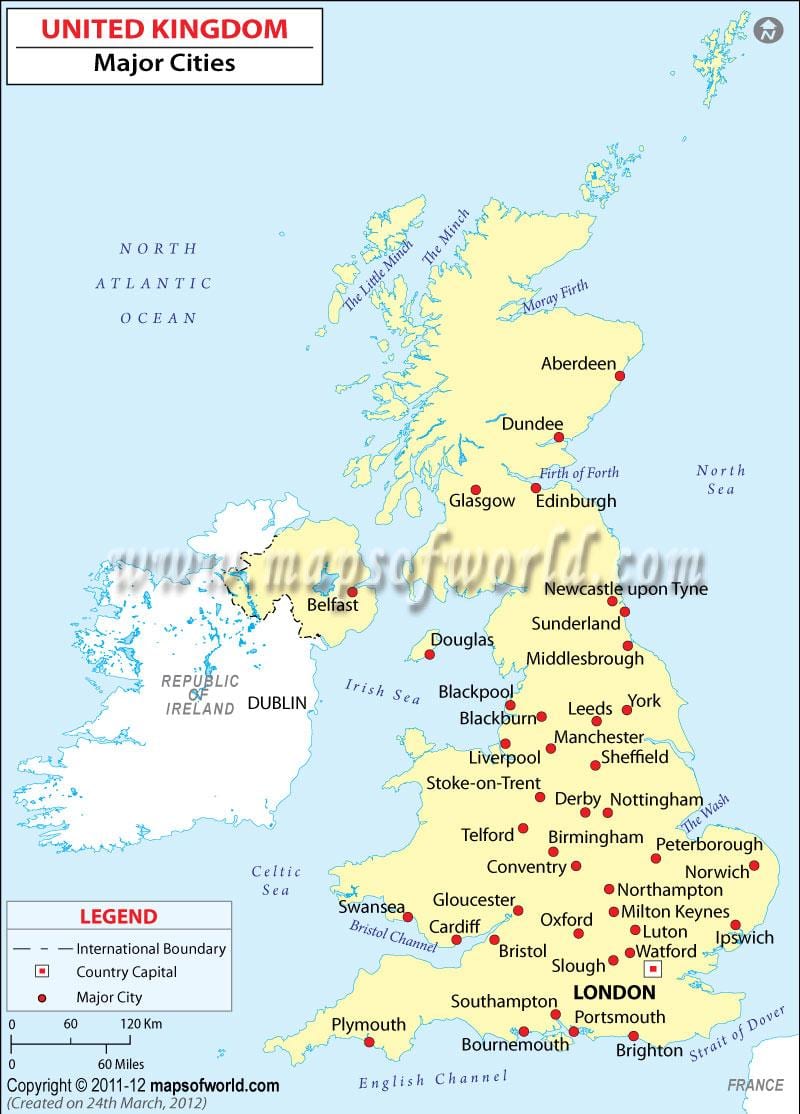 Karte von Großbritannien zeigt große Städte