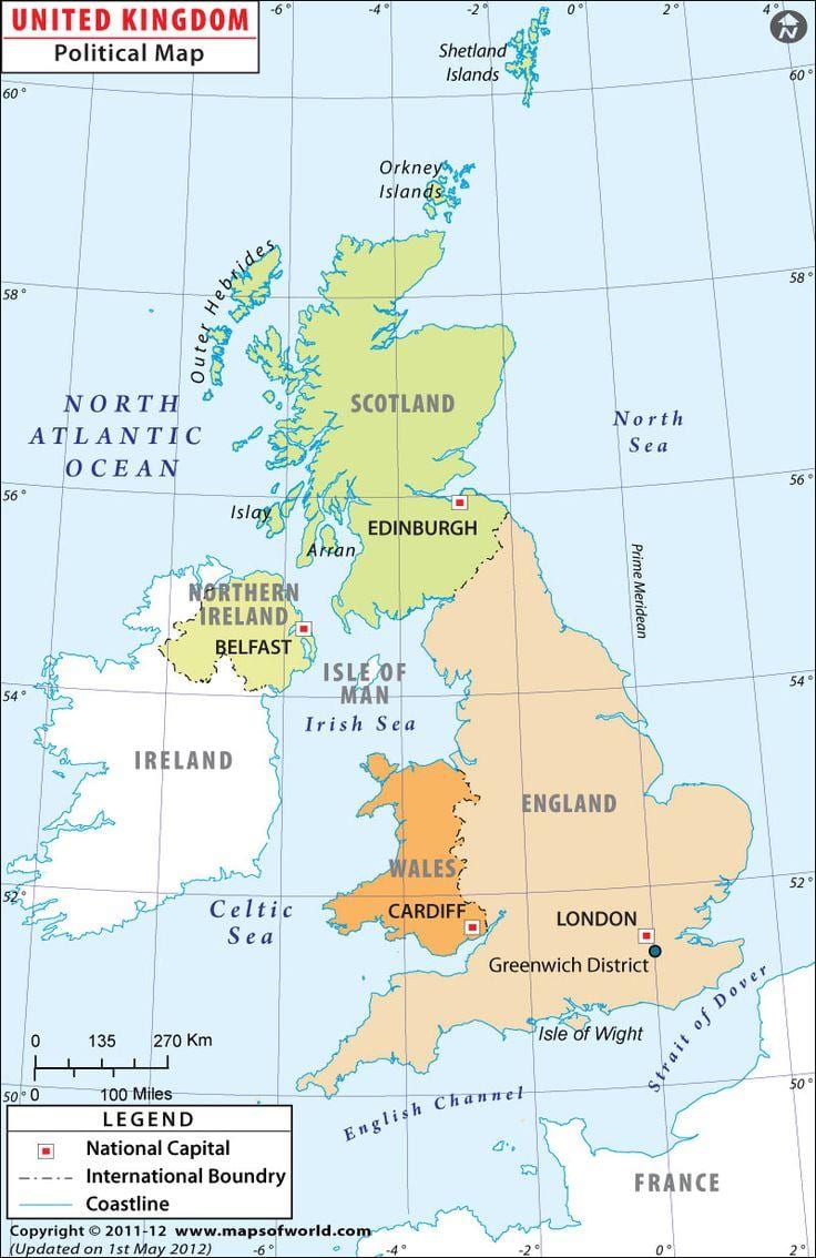 Karte von Großbritannien, die zeigen Hauptstädte