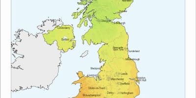 Karte von Großbritannien Temperatur